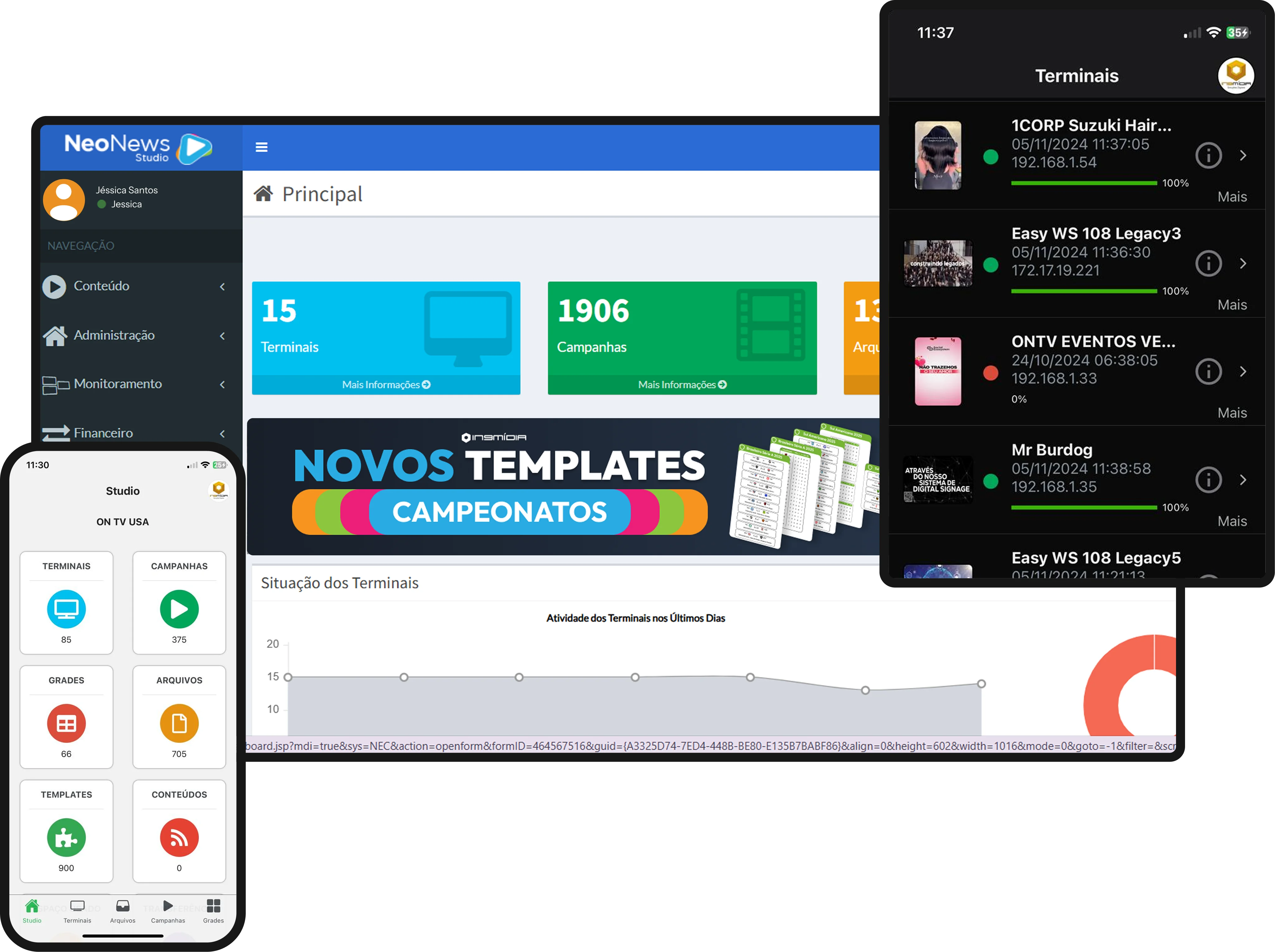 Interface do Neonews para gerenciar conteúdos em telas digitais
