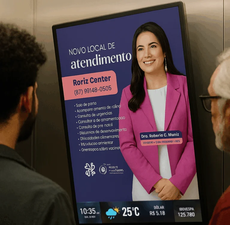 Exemplo de sinalização digital em tela corporativa